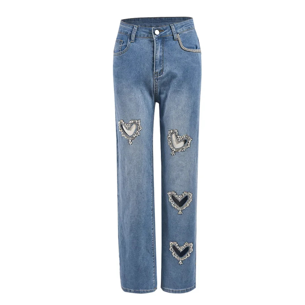Women Stretch Jeans Ankle Length Jean Washed Denim Straight Pants High Waist Trousers Pockets Basics Hollow Solid Diamonds