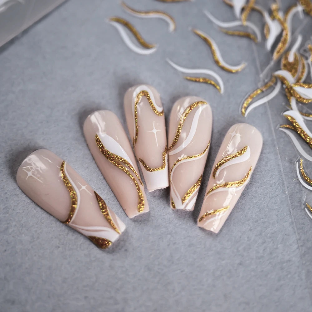 Shiny Glitter French Lines Nails Stickers Waves Curve Ribbon White Gold Stripes Manicure Decals Nails Charming Decoration NK-324