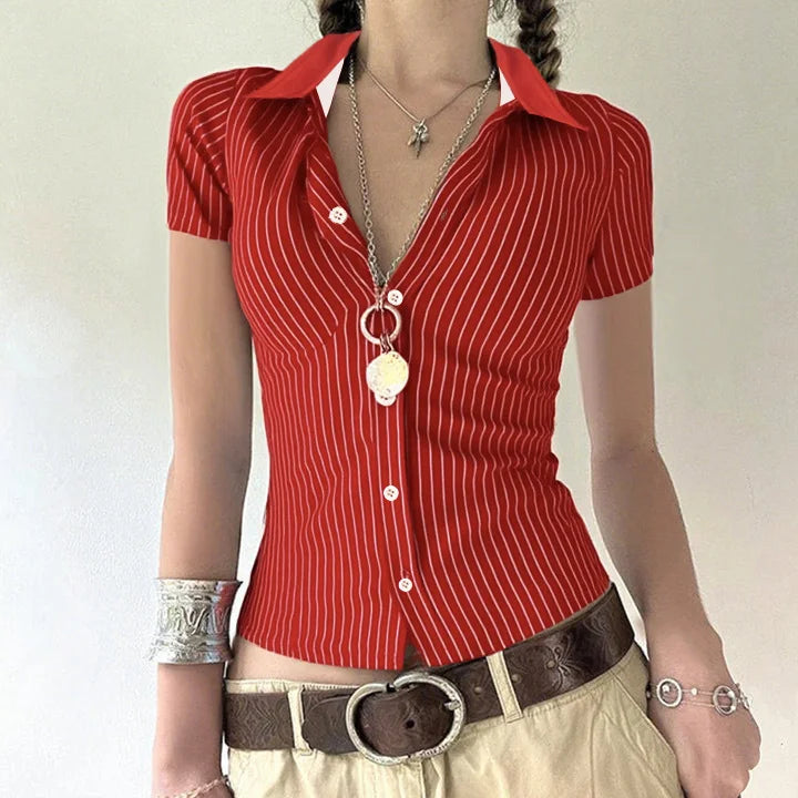 Blue White Stripe Polo Neck Button Splice Short Sleeve T Shirt Slim Fit Curves Sensation Outerwear