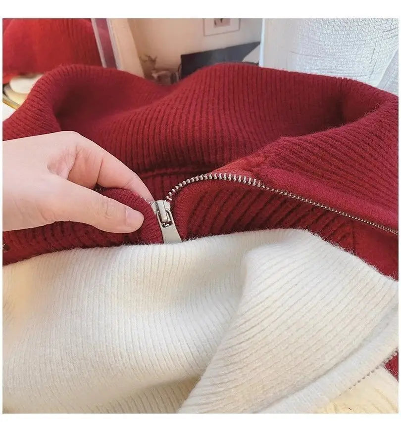 2024 Autumn Style Versatile Basics Half-zipper Loose Lapel Winter Long-sleeved Lazy Sweater Pullover Top