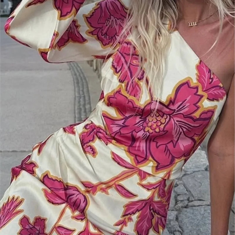 Fashion Rose Printed Satin Dress Womens Elegant High Waist  Boho Maxi Dress Sexy One Shoulder Long Sleeve Women Party Dresses