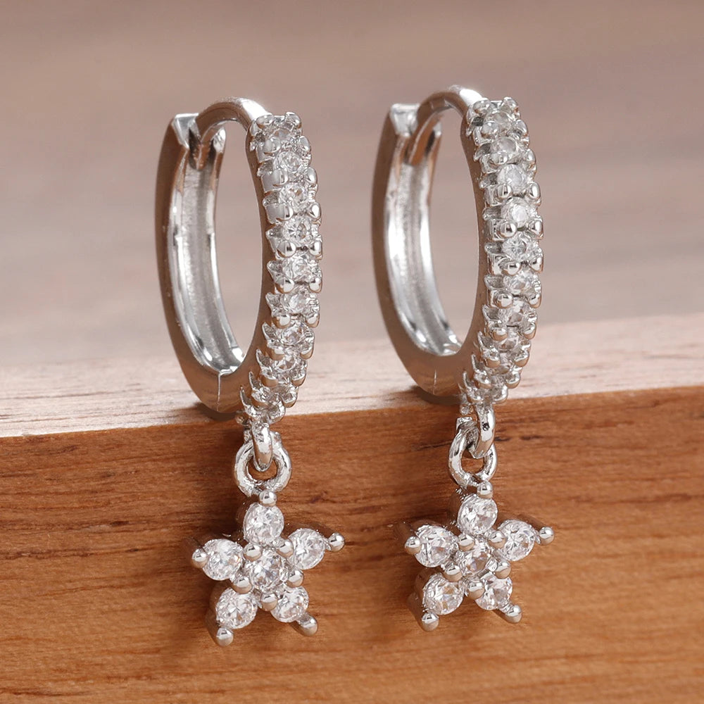 2PCS Delicate Zircon Flower Dangle Earrings For Woman Gold Plated Stainless Steel Premium Daily Cartilage Piercing Jewelry