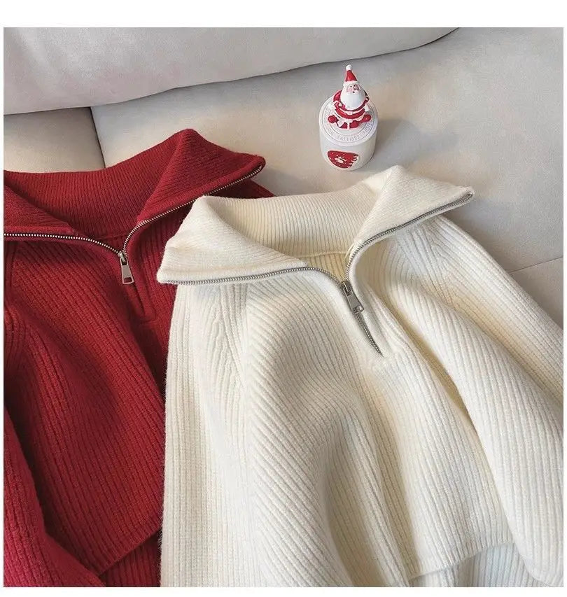2024 Autumn Style Versatile Basics Half-zipper Loose Lapel Winter Long-sleeved Lazy Sweater Pullover Top