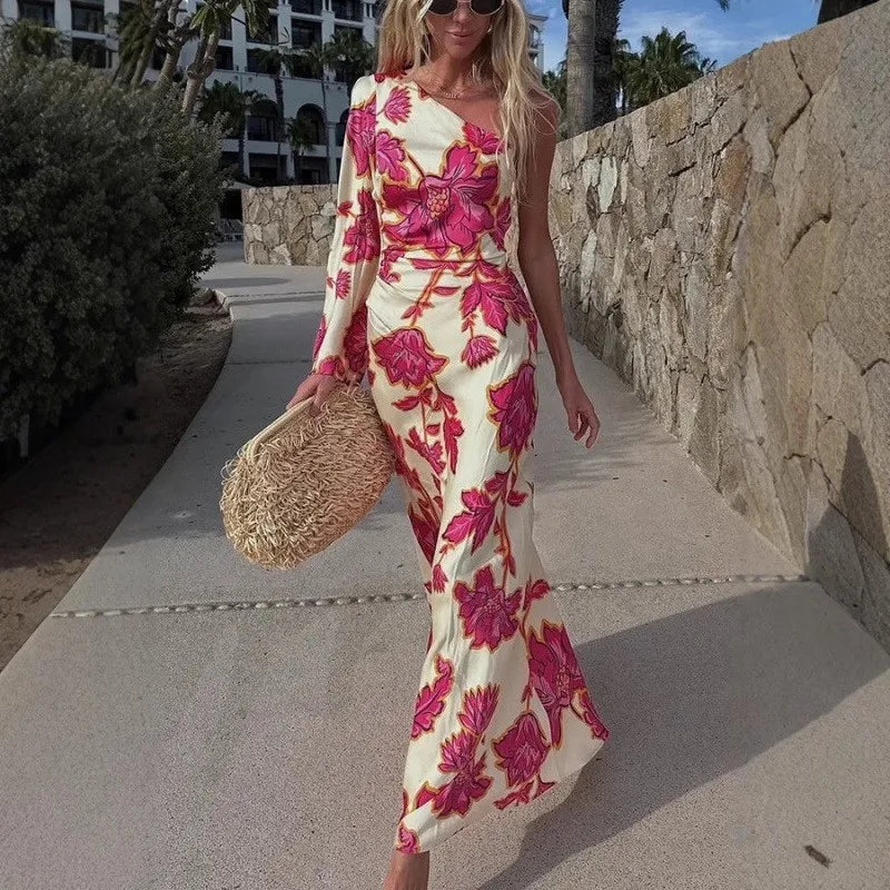 Fashion Rose Printed Satin Dress Womens Elegant High Waist  Boho Maxi Dress Sexy One Shoulder Long Sleeve Women Party Dresses