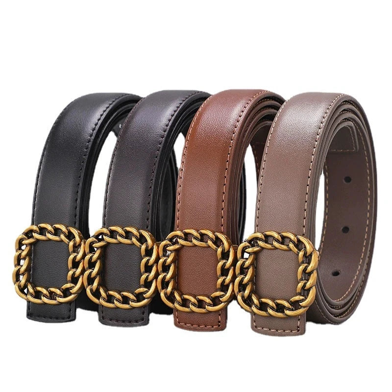 Ladies' vintage square-buckle leather belt; versatile dress belt for women; simple waist belt for women's suits; vintage