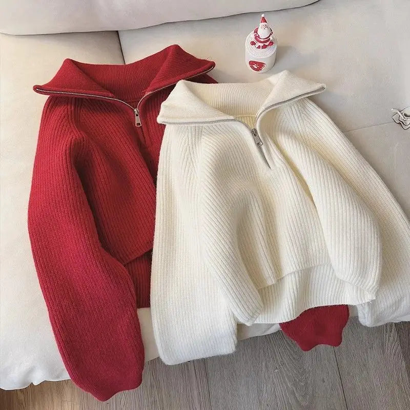 2024 Autumn Style Versatile Basics Half-zipper Loose Lapel Winter Long-sleeved Lazy Sweater Pullover Top