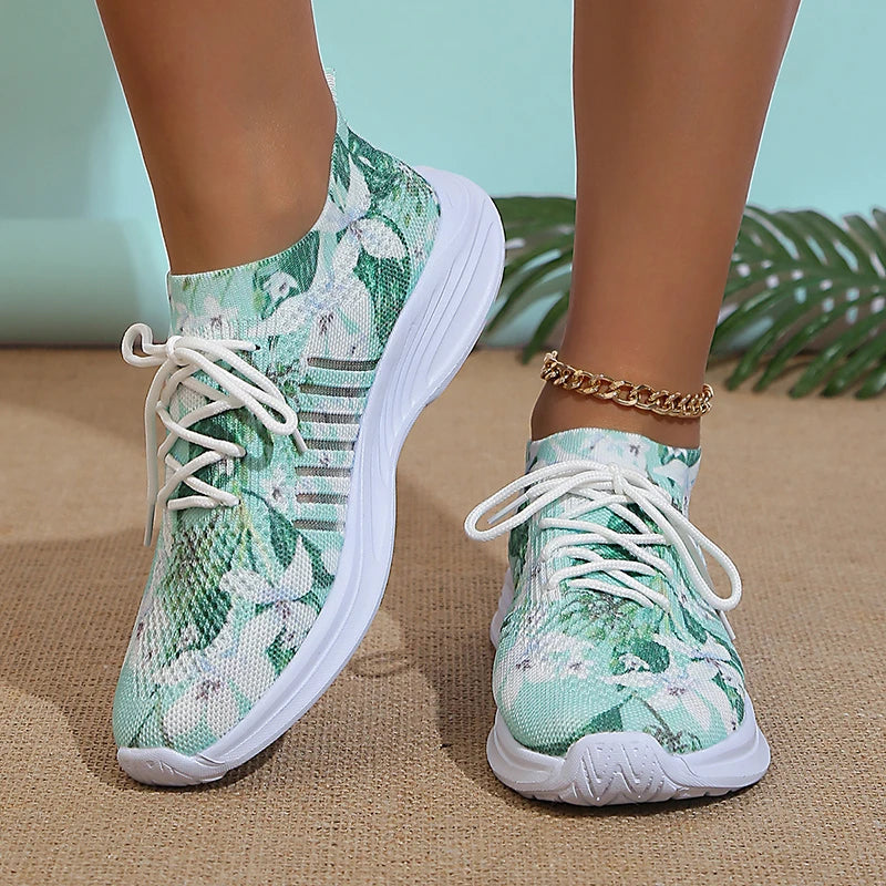 Breathable Knitted Casual Sneakers for Women Lightweight Soft Sole Slip On Walking Shoes Woman Plus Size Fashion Printed Flats