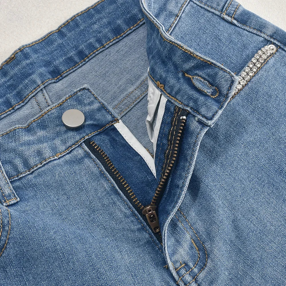 Women Stretch Jeans Ankle Length Jean Washed Denim Straight Pants High Waist Trousers Pockets Basics Hollow Solid Diamonds
