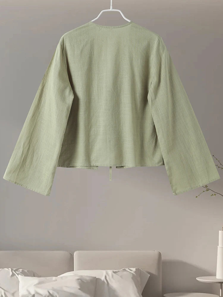 Cotton Linen Lace Up Bow Shirts Women Loose Hollow Out V Neck Long Sleeve Tops Female 2026 Spring New Lady Streetwear Top