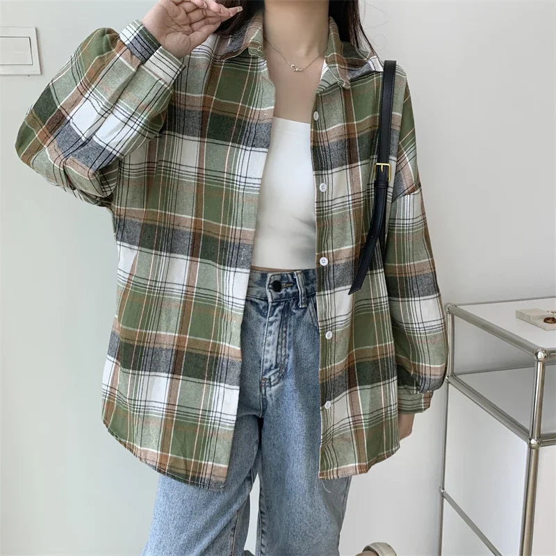 Plaid Shirt Women Long Sleeve Top Female Vintage Fashion Single Breasted Blouse Ladies Preppy Style Loose Check Shirts