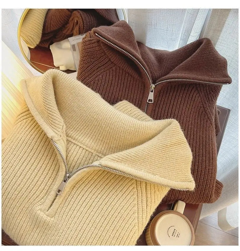 2024 Autumn Style Versatile Basics Half-zipper Loose Lapel Winter Long-sleeved Lazy Sweater Pullover Top