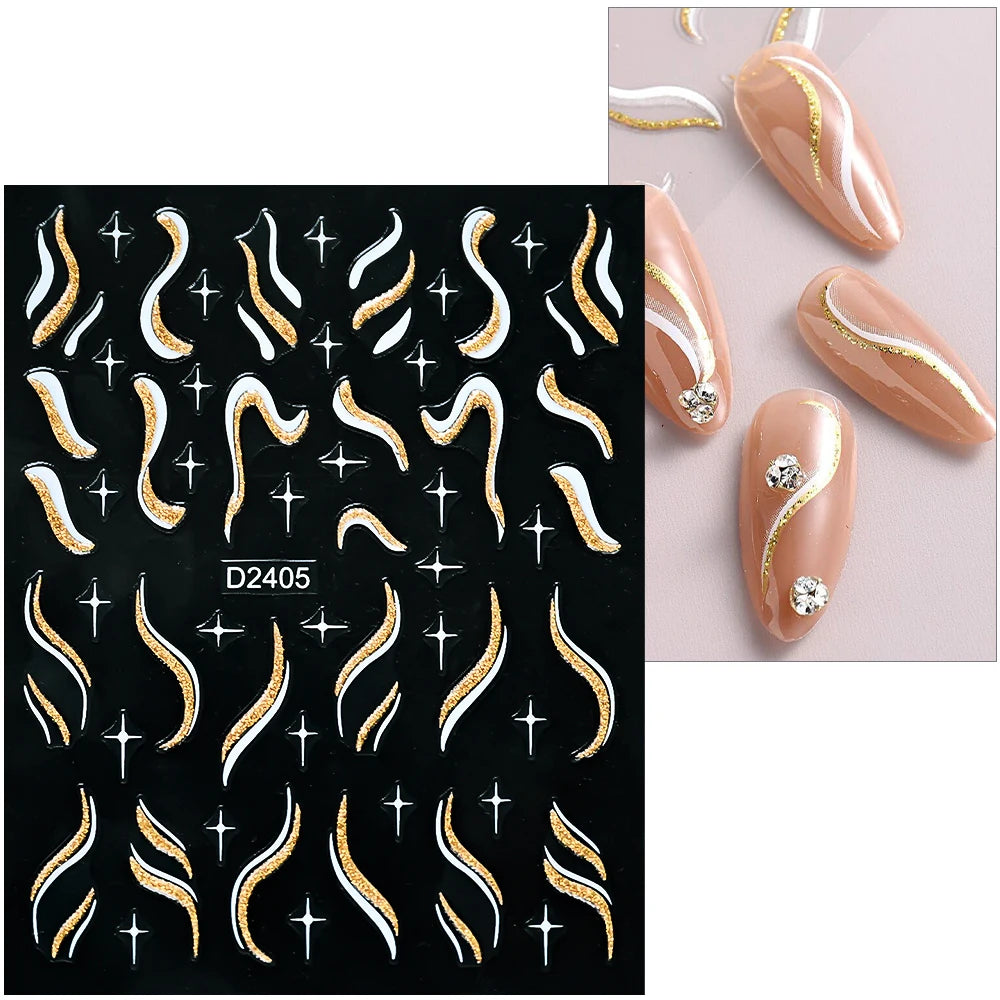 Shiny Glitter French Lines Nails Stickers Waves Curve Ribbon White Gold Stripes Manicure Decals Nails Charming Decoration NK-324