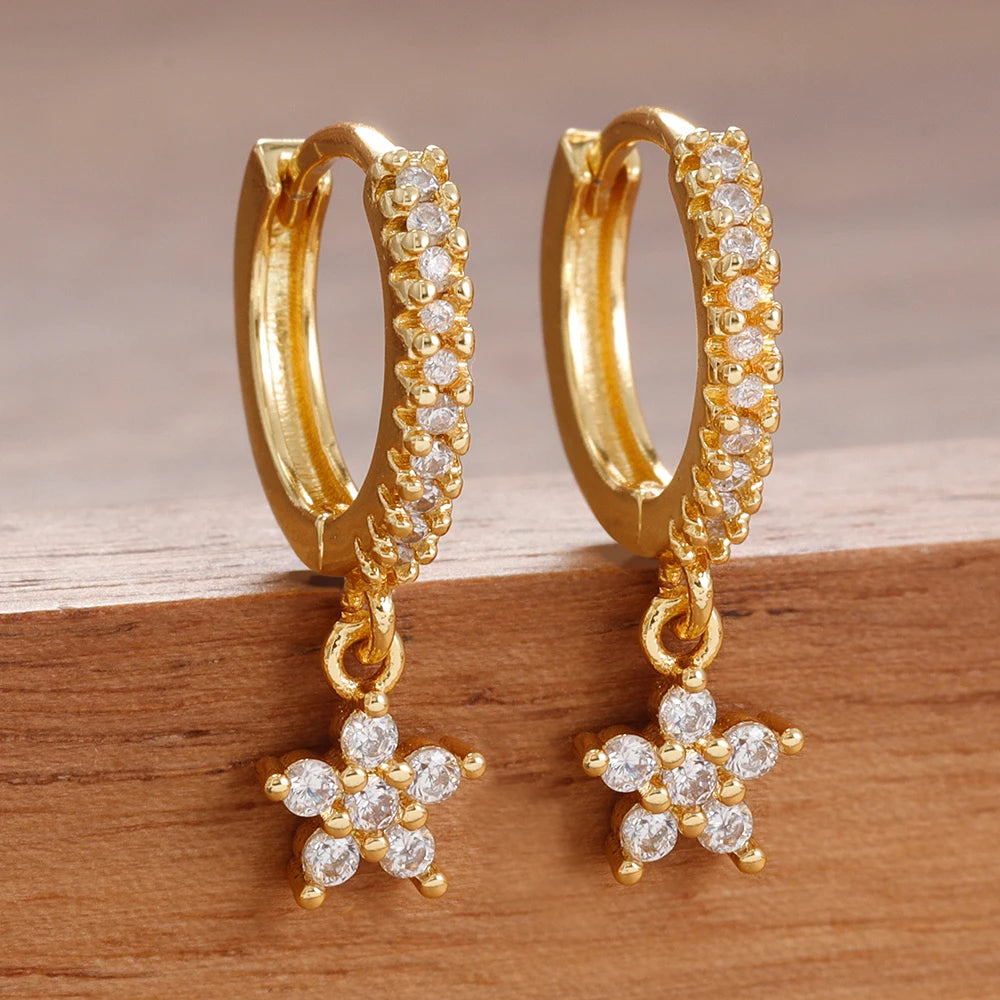 2PCS Delicate Zircon Flower Dangle Earrings For Woman Gold Plated Stainless Steel Premium Daily Cartilage Piercing Jewelry