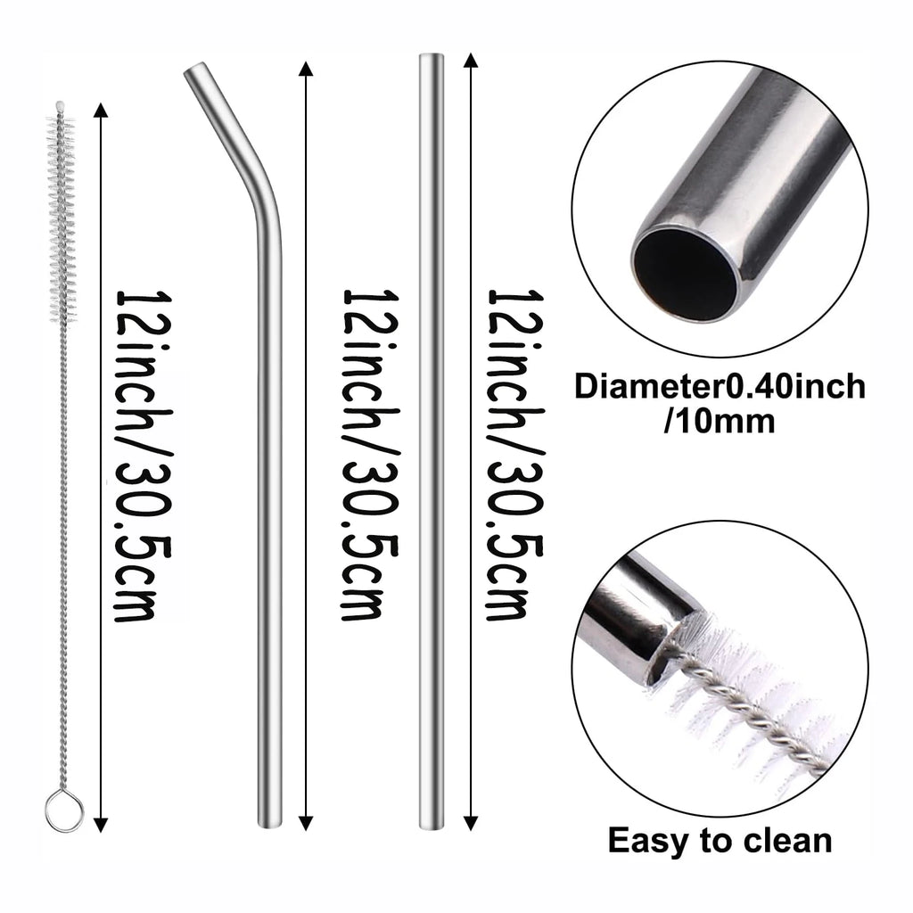10mm Wide 12 Inch Reusable Stainless Steel Straw, 4pcs Large Straws with Cleaning Brush for Stanley Cup Accessories