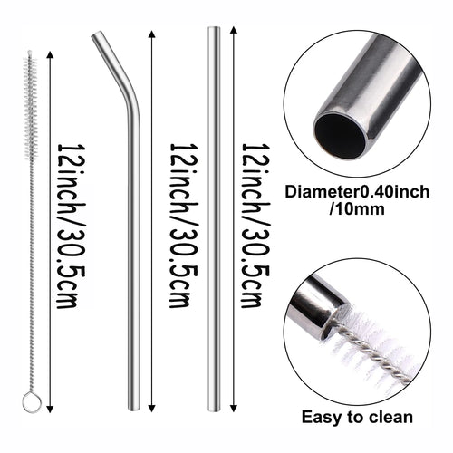 10mm Wide 12 Inch Reusable Stainless Steel Straw, 4pcs Large Straws with Cleaning Brush for Stanley Cup Accessories