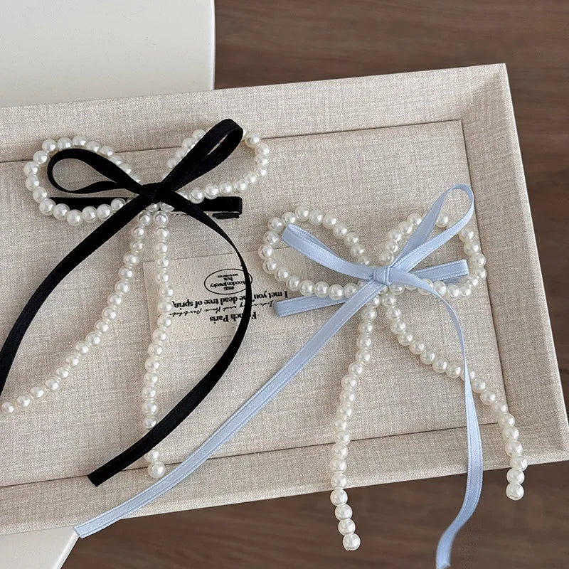 Fairy Spare Ribbon Bowknot Pearl Barrettes Female Back Head New Arrival Girlish Style Side Clip Duckbill Clip