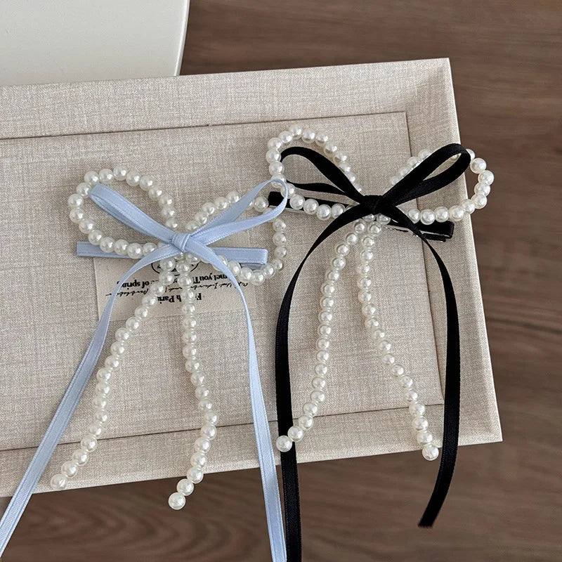 Fairy Spare Ribbon Bowknot Pearl Barrettes Female Back Head New Arrival Girlish Style Side Clip Duckbill Clip