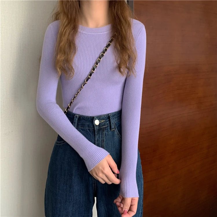 New Women Sweater  Long Sleeve Pullover Basic Top Fashion O-neck Elastic Female Winter Solid Knitted Jumper