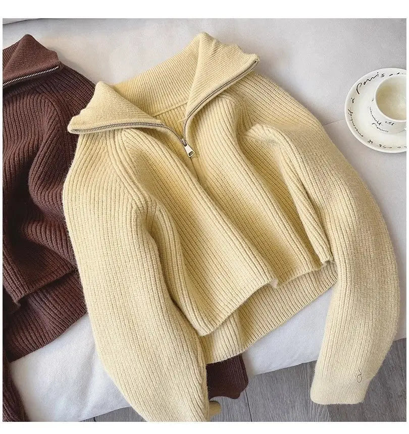 2024 Autumn Style Versatile Basics Half-zipper Loose Lapel Winter Long-sleeved Lazy Sweater Pullover Top