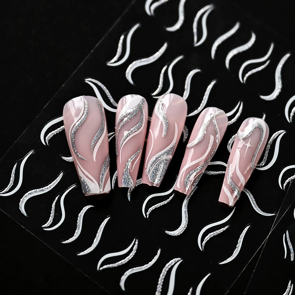 Shiny Glitter French Lines Nails Stickers Waves Curve Ribbon White Gold Stripes Manicure Decals Nails Charming Decoration NK-324