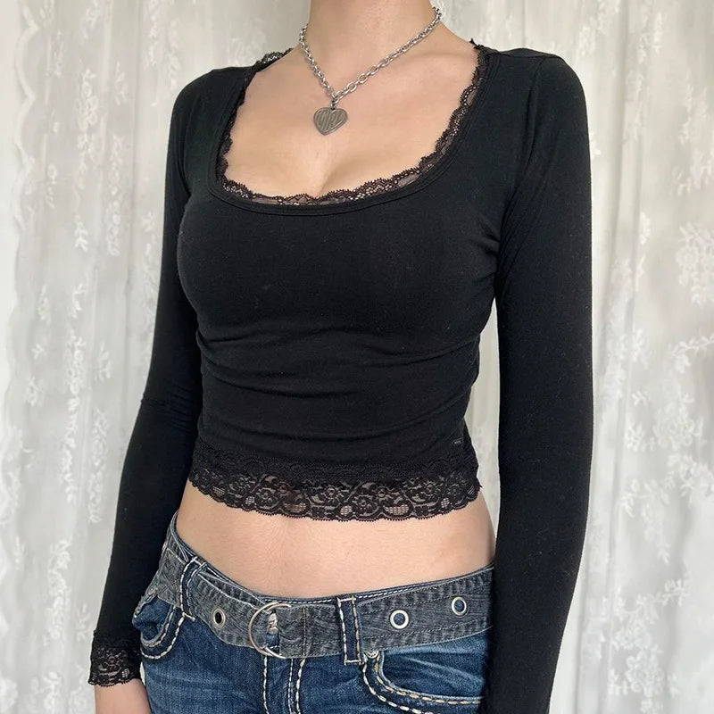 2000s Graphic T Shirt Vintage Fairy Grunge Women Autumn Lace Trim Long Sleeve Slim Fits Tops y2k Clothes Basic Tees