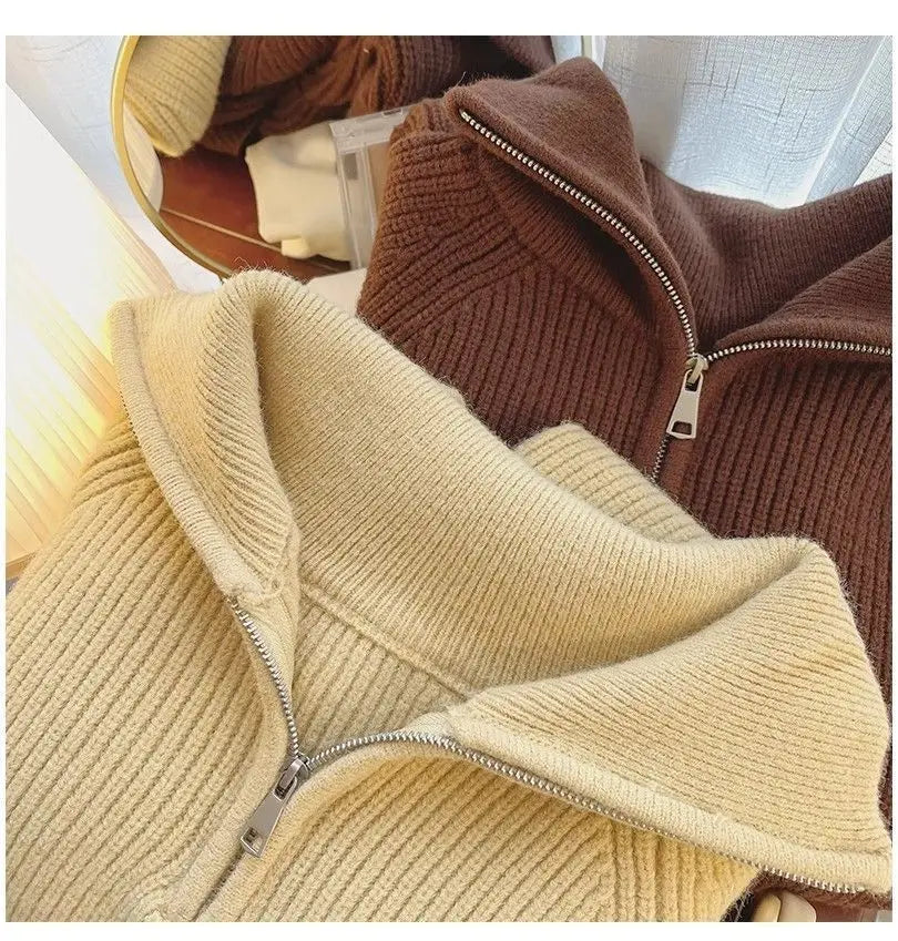 2024 Autumn Style Versatile Basics Half-zipper Loose Lapel Winter Long-sleeved Lazy Sweater Pullover Top