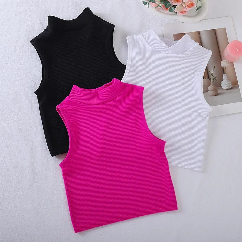 New Seamless Ribbed High Neck Sports Vest Full Wrap Vertical Stripes Running Fitness Yoga Women's Quick Dry Top Female