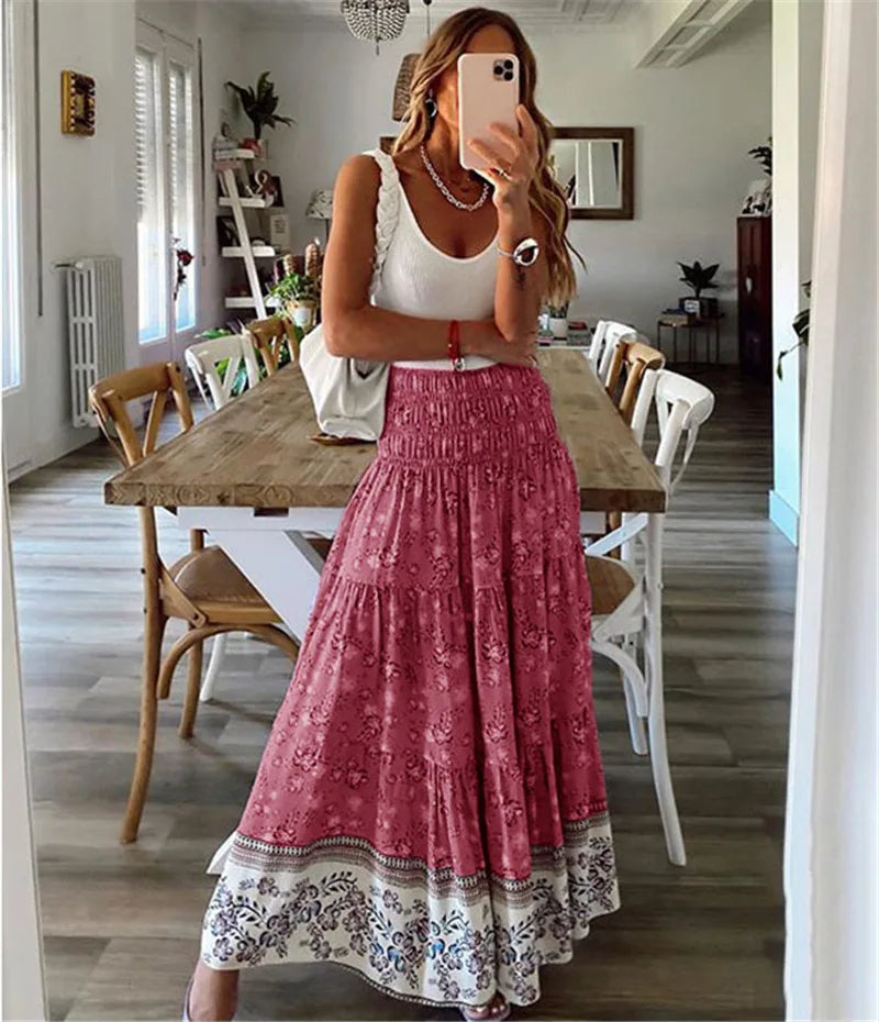 Fashion Women Skirts New Casual All-match Skirt Loose Elastic Waist Floral Print Ethenic Style Boho Skirt Bohemian Style Skirt