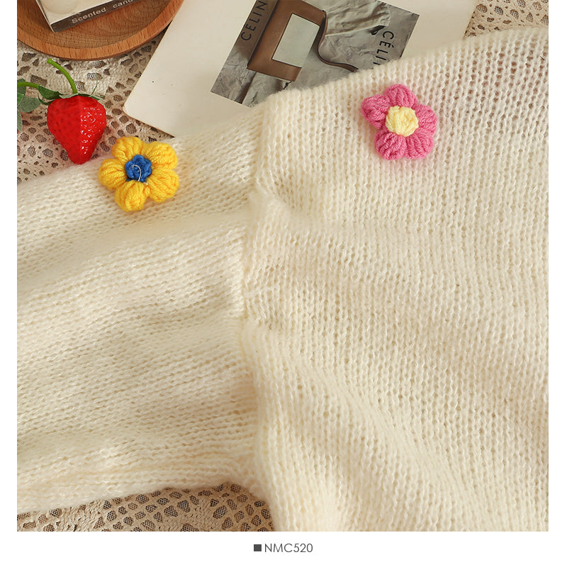 Appliqué Flowers Cardigan Women Fall Winter Cropped V-neck Button-up Knitted Sweater Jacket Fairycore Shrunken Cardigan
