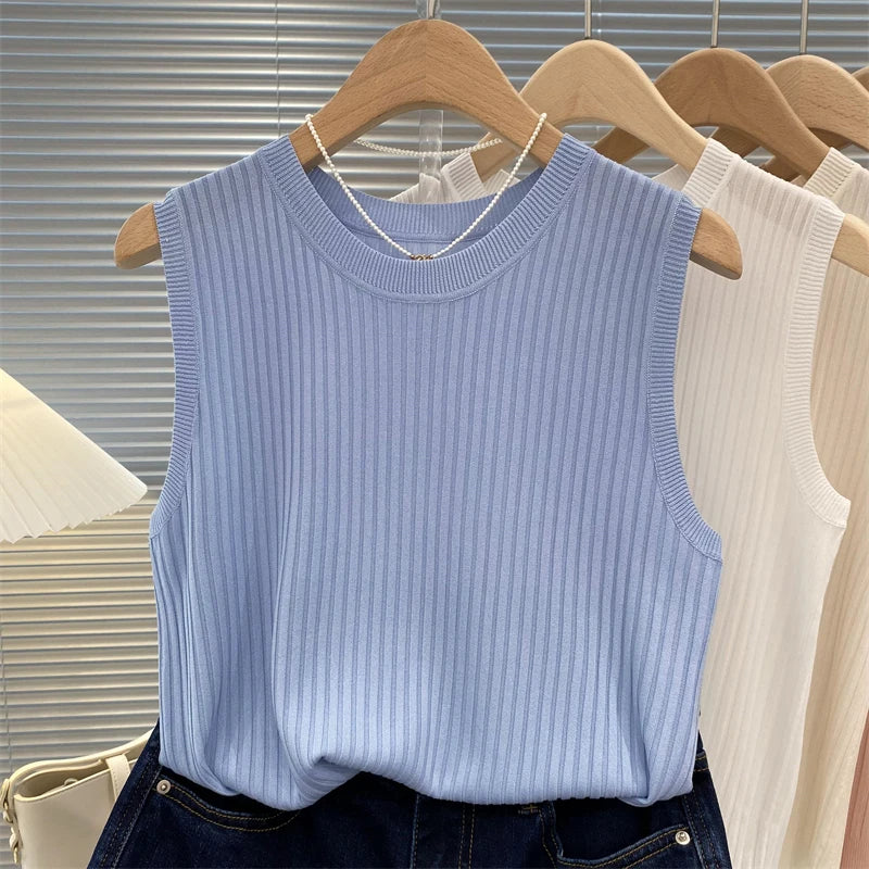 Summer Spring Tanks Top Women Sleeveless Knitted T-Shirts Female Elastic Slim Casual Vests Crop Tops Camis Pullover Shirts