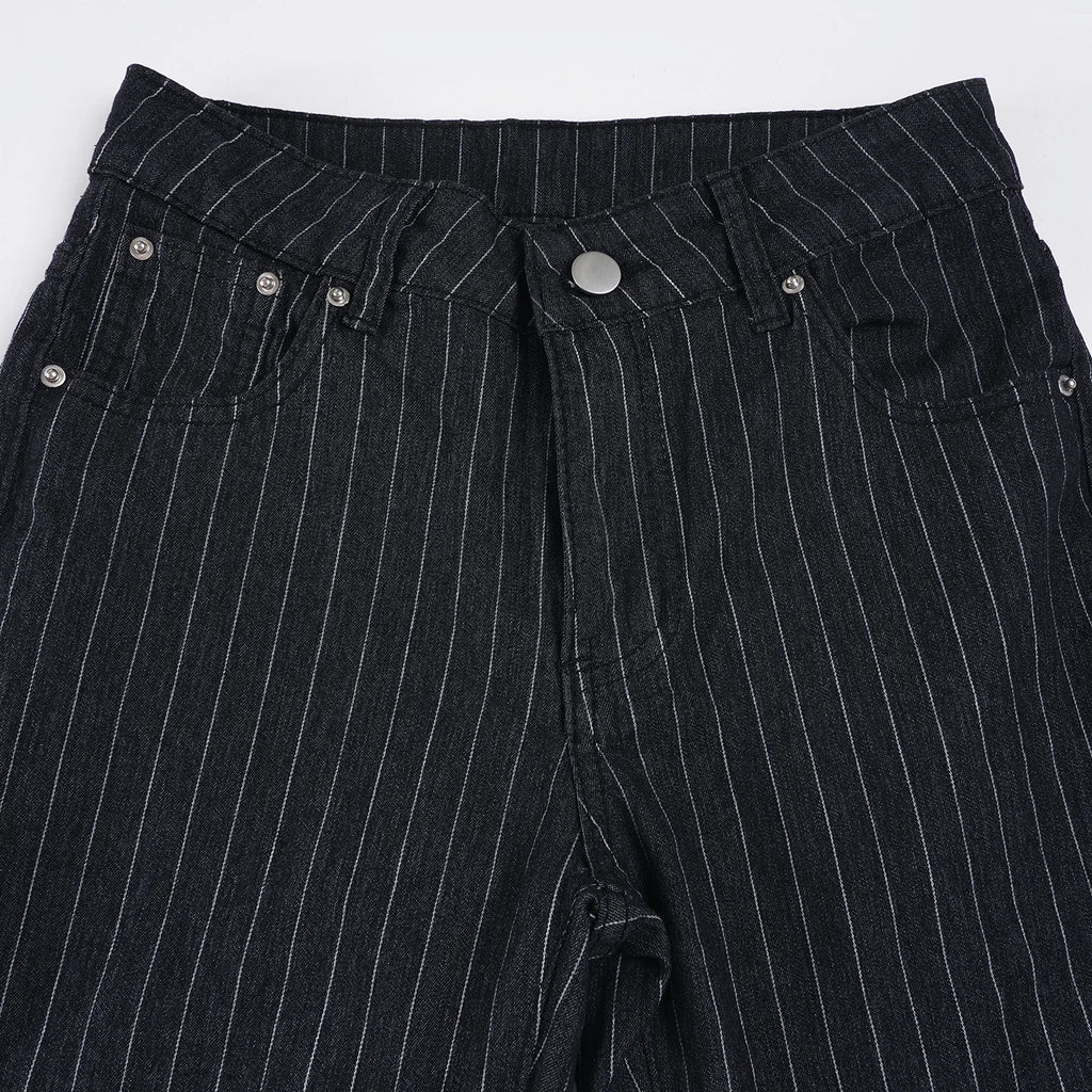 2000s Clothes Y2k Low Rise Boot Cut Jeans Woman Casual Black Striped Denim Trousers Streetwear Flare Pants P77-DD25