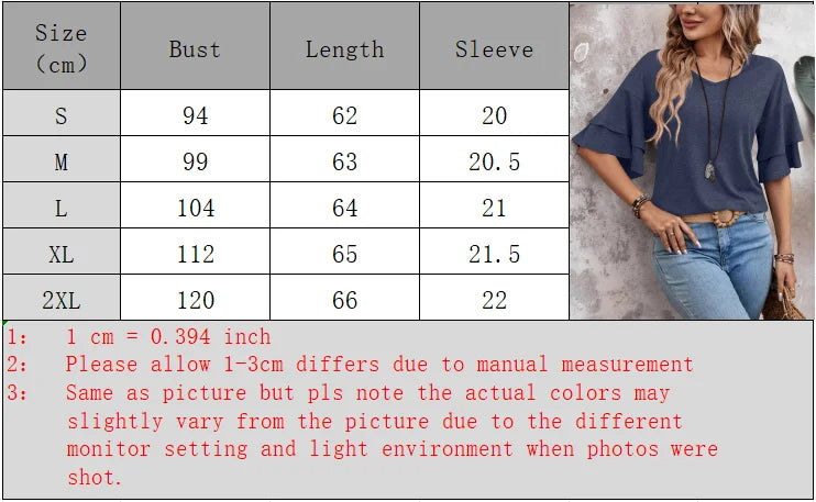 Women's Summer V-Neck Double Layer Ruffle Sleeve Top Unique Casual Solid Design