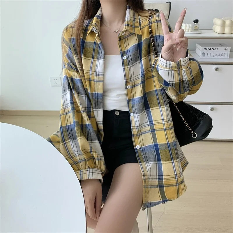 Plaid Shirt Women Long Sleeve Top Female Vintage Fashion Single Breasted Blouse Ladies Preppy Style Loose Check Shirts