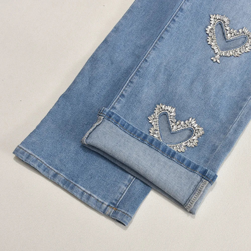 Women Stretch Jeans Ankle Length Jean Washed Denim Straight Pants High Waist Trousers Pockets Basics Hollow Solid Diamonds