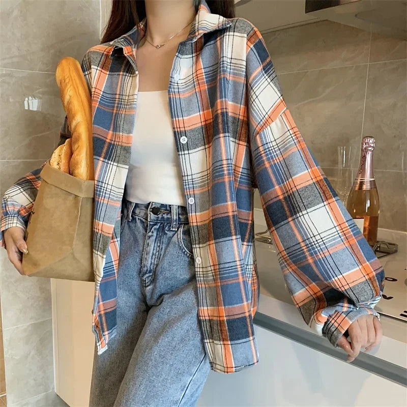 Plaid Shirt Women Long Sleeve Top Female Vintage Fashion Single Breasted Blouse Ladies Preppy Style Loose Check Shirts