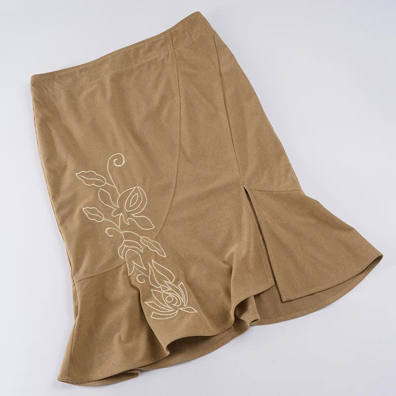Ticketsx Fashion Vintage Embroidered Skirt Summer Solid New Ruched Split Slim Skirt Elegant Vacation Streetwear Women's Clothing