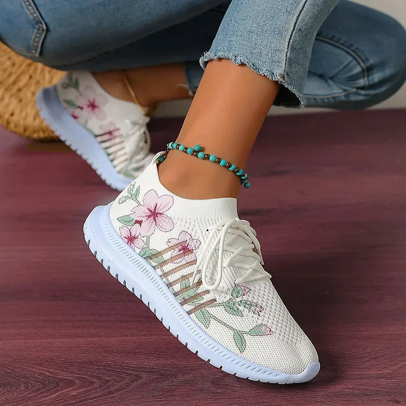 Breathable Knitted Casual Sneakers for Women Lightweight Soft Sole Slip On Walking Shoes Woman Plus Size Fashion Printed Flats