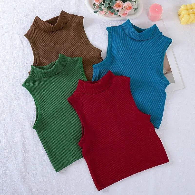 New Seamless Ribbed High Neck Sports Vest Full Wrap Vertical Stripes Running Fitness Yoga Women's Quick Dry Top Female