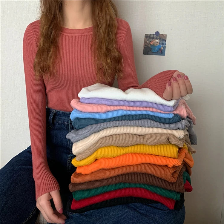 New Women Sweater  Long Sleeve Pullover Basic Top Fashion O-neck Elastic Female Winter Solid Knitted Jumper