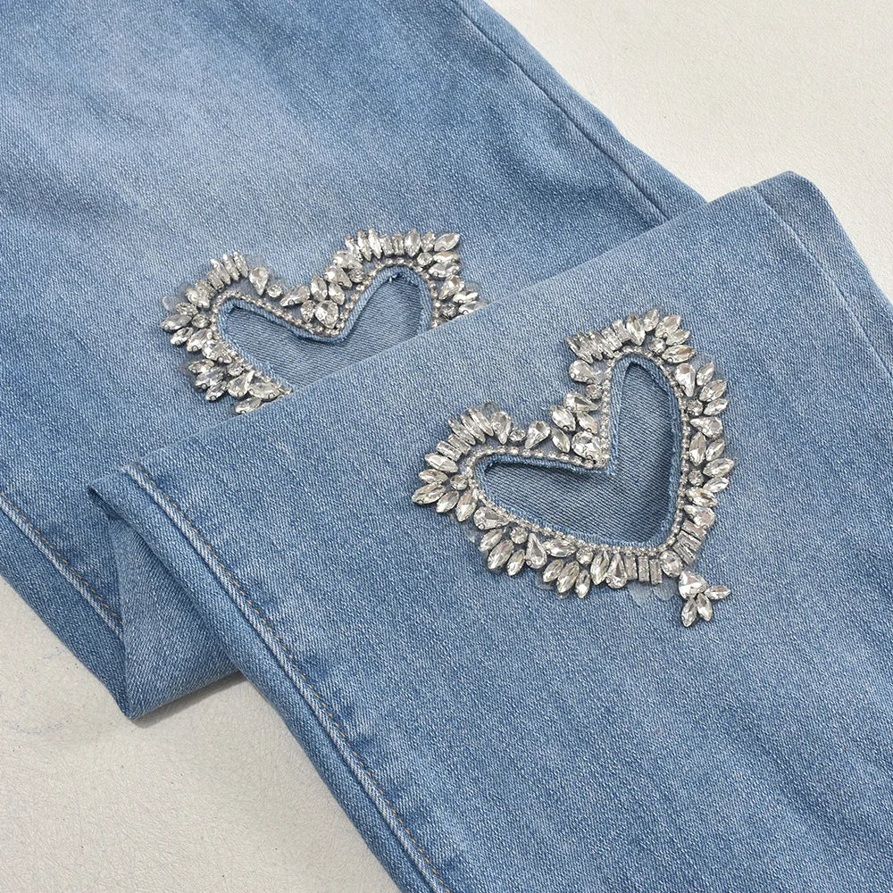 Women Stretch Jeans Ankle Length Jean Washed Denim Straight Pants High Waist Trousers Pockets Basics Hollow Solid Diamonds