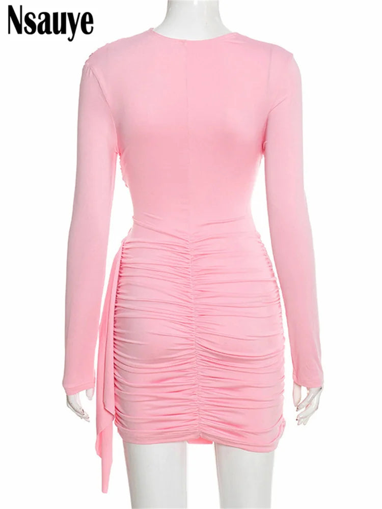 Nsauye New Fashion Women Short Wrap High Waisted Mini Winter Dress Outfits Sexy Night Club Party Evening Long Sleeve Dress