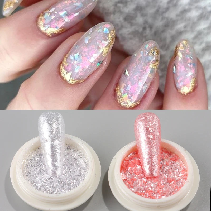 2 Box Pink White Crystal Opal Nail Powder Flakes Sparkling Ultra Thin Foils Iridescent Mermaid Chrome Mica Glitter Nail Decor