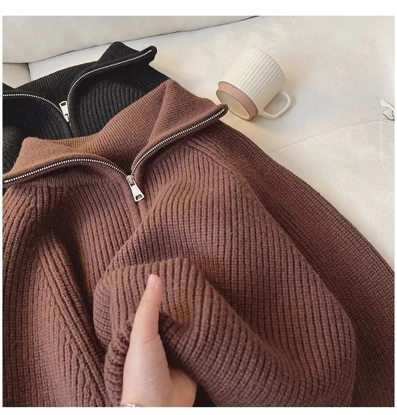 2024 Autumn Style Versatile Basics Half-zipper Loose Lapel Winter Long-sleeved Lazy Sweater Pullover Top