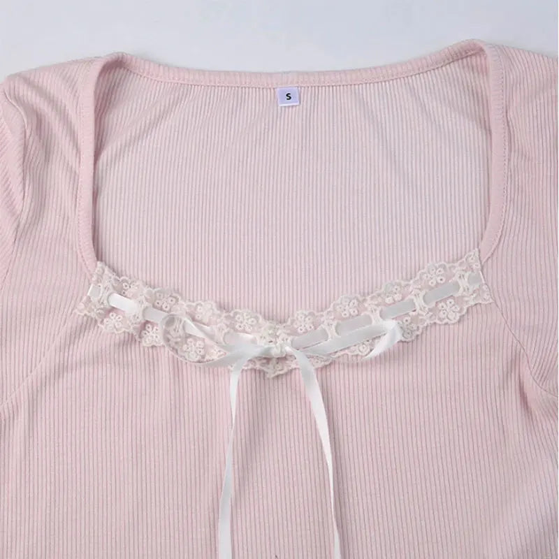 Mooyu Cute Bandage Bow Cropped Top Pink Sweet Coquette Sweet T Shirts Fall Spring Casual Square Collar Tees Women y2k Aesthetic