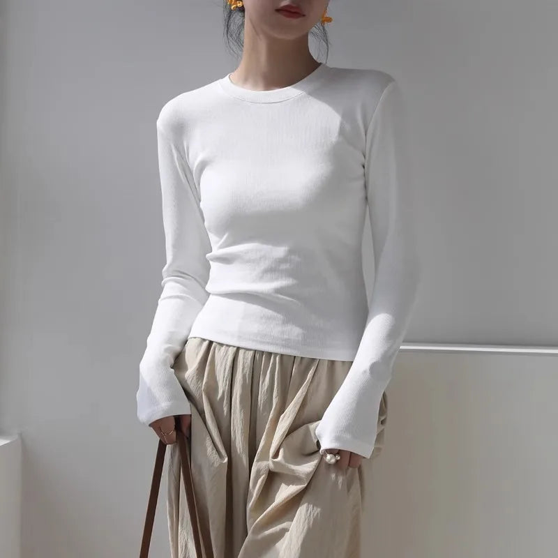 Cotton Women Long Sleeve T-shirt Solid O Neck Slim Base Layer Shirt Autumn New Casual Skinny Bottoming Shirt Sexy Cropped Tops