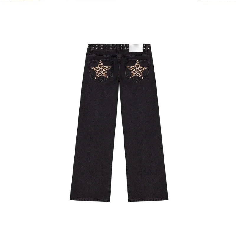 Leopard Star Jeans Y2K Women New Fashion High Waist Zipper Straight Jeans Female Casual Streetwear Harajuku Hip Hop Black Pants