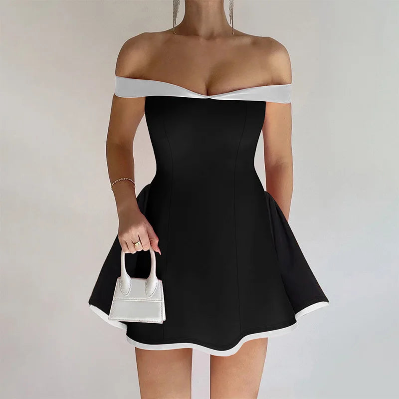 summer Off-shoulder Strapless Sexy Mini Dress Women Fashion Patchwork Sleeveless Backless High Waist A-line Club Party Dress