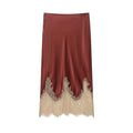 HH Women Lace Patchwork Midi Skirt Slim High Waist Satin Skirts Summer Trend Woman Elegant Evening Party Chic Skirts ﻿Mujer