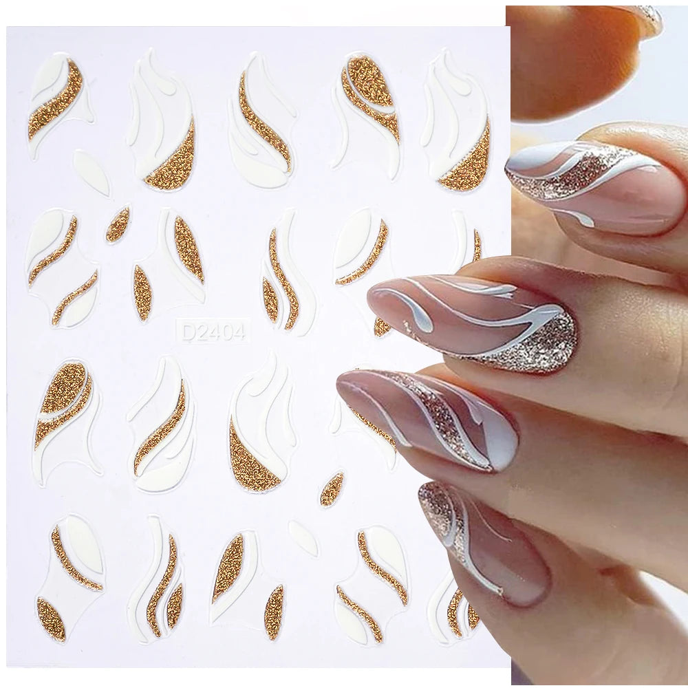 Shiny Glitter French Lines Nails Stickers Waves Curve Ribbon White Gold Stripes Manicure Decals Nails Charming Decoration NK-324