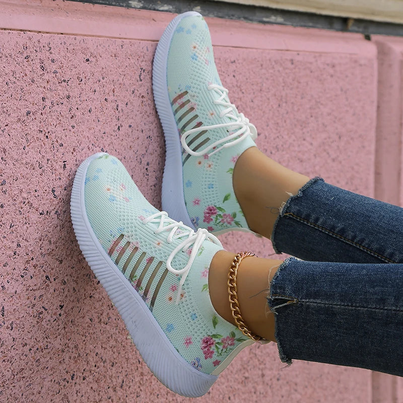 Breathable Knitted Casual Sneakers for Women Lightweight Soft Sole Slip On Walking Shoes Woman Plus Size Fashion Printed Flats